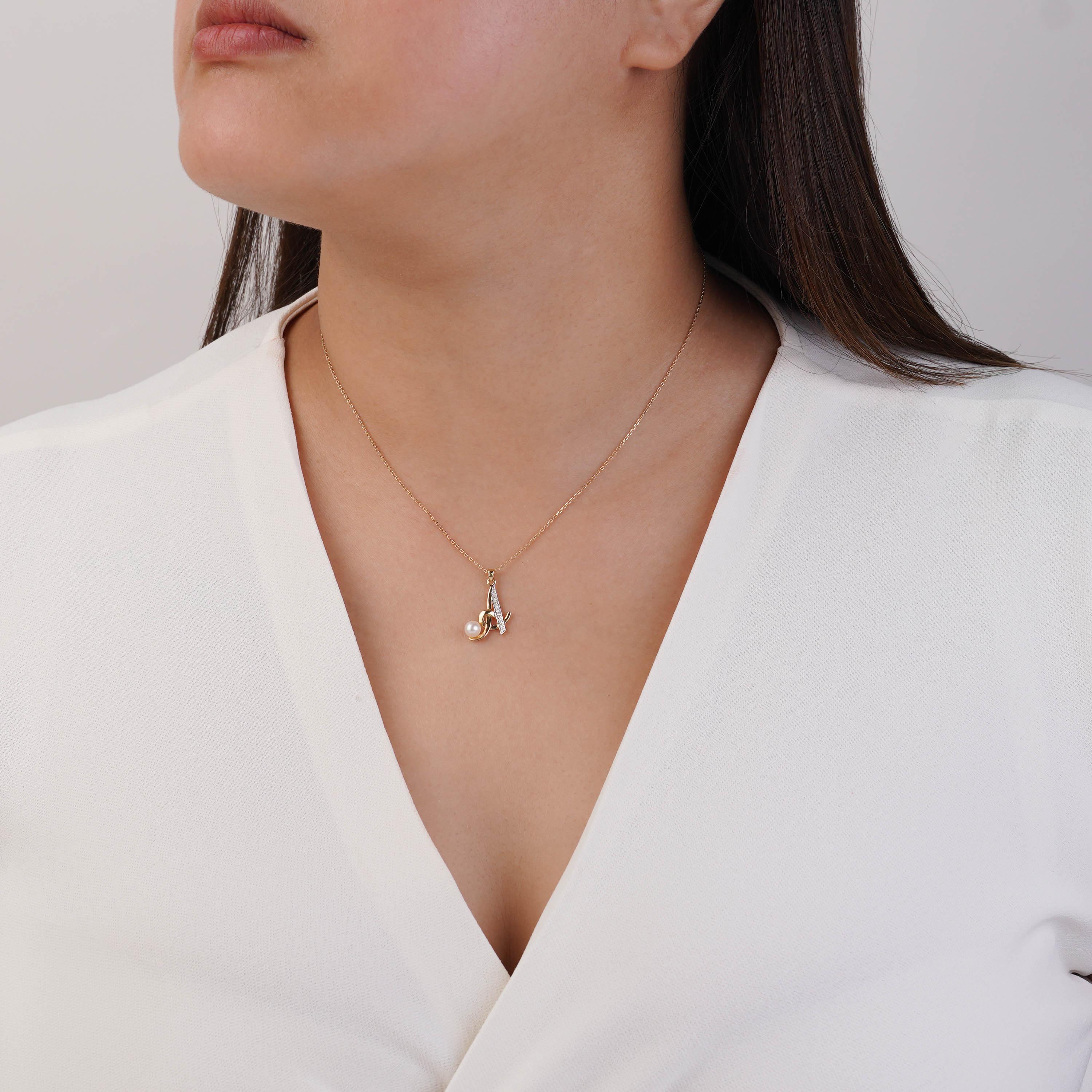 18K Yellow Gold 'A' Letter Necklace with Diamond & Pearl - Alpha Collection