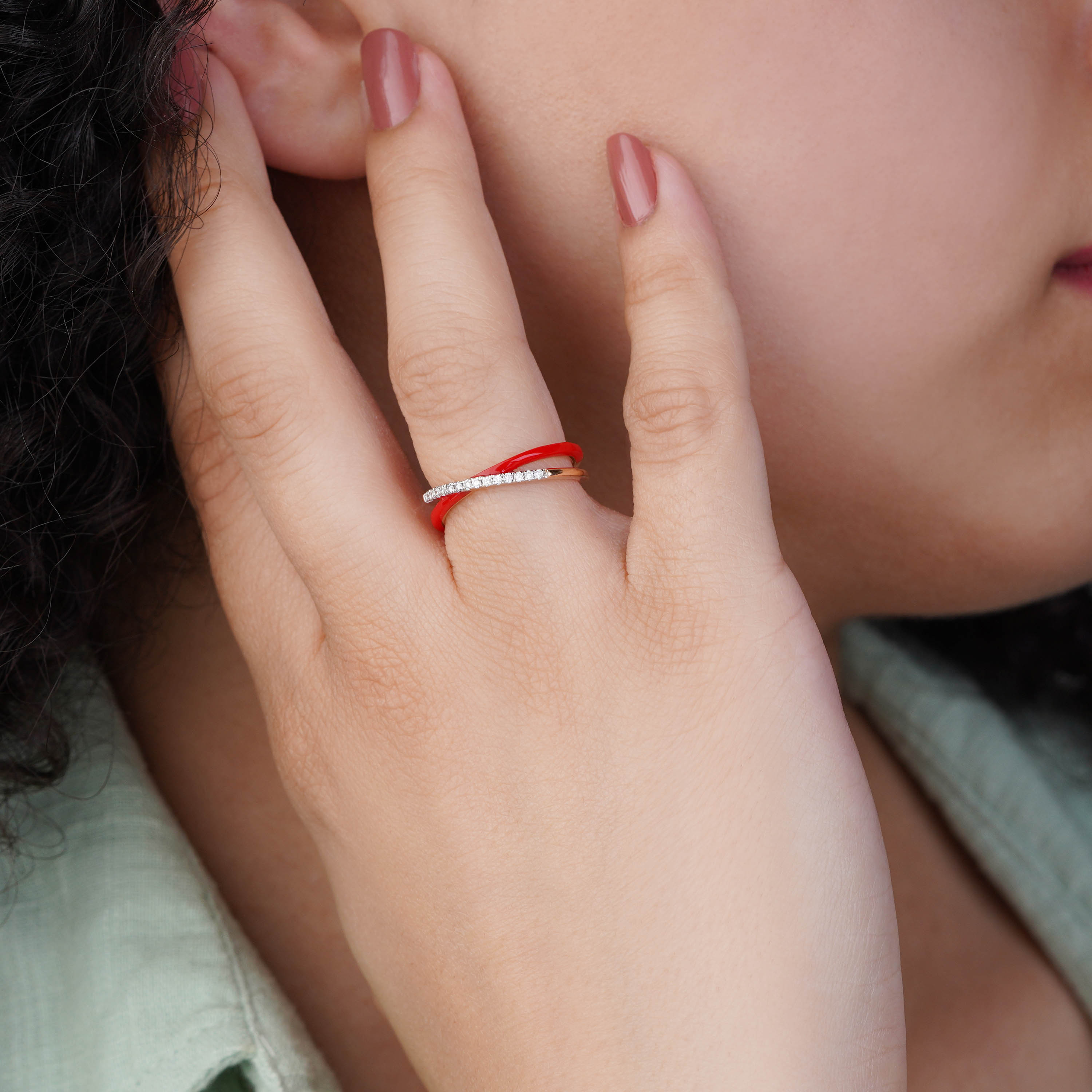 18K Rose Gold Ring with Diamonds & Red Ceramic - Alwan Collection