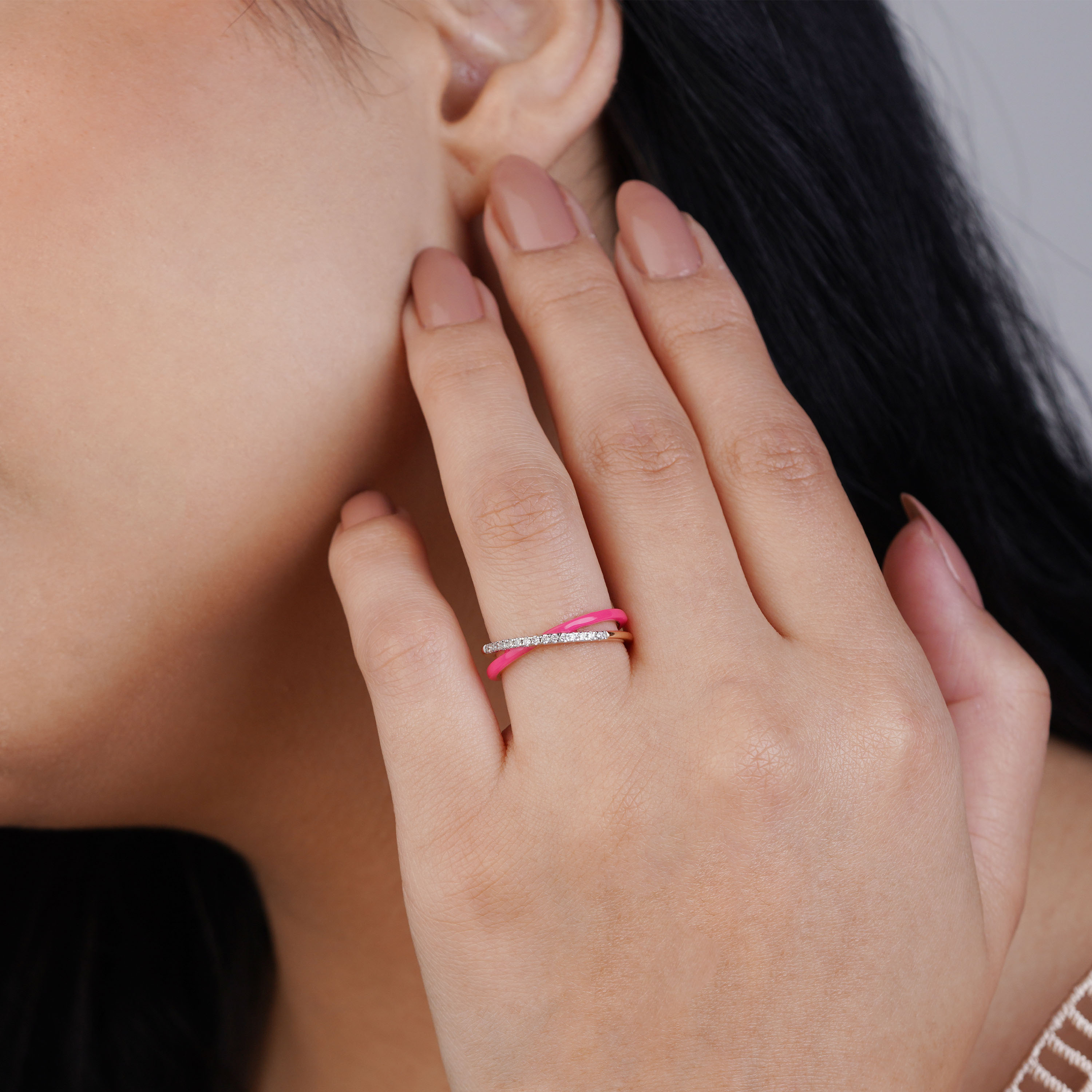 18K Rose Gold & Diamond Ring with Pink Ceramic - Alwan Collection