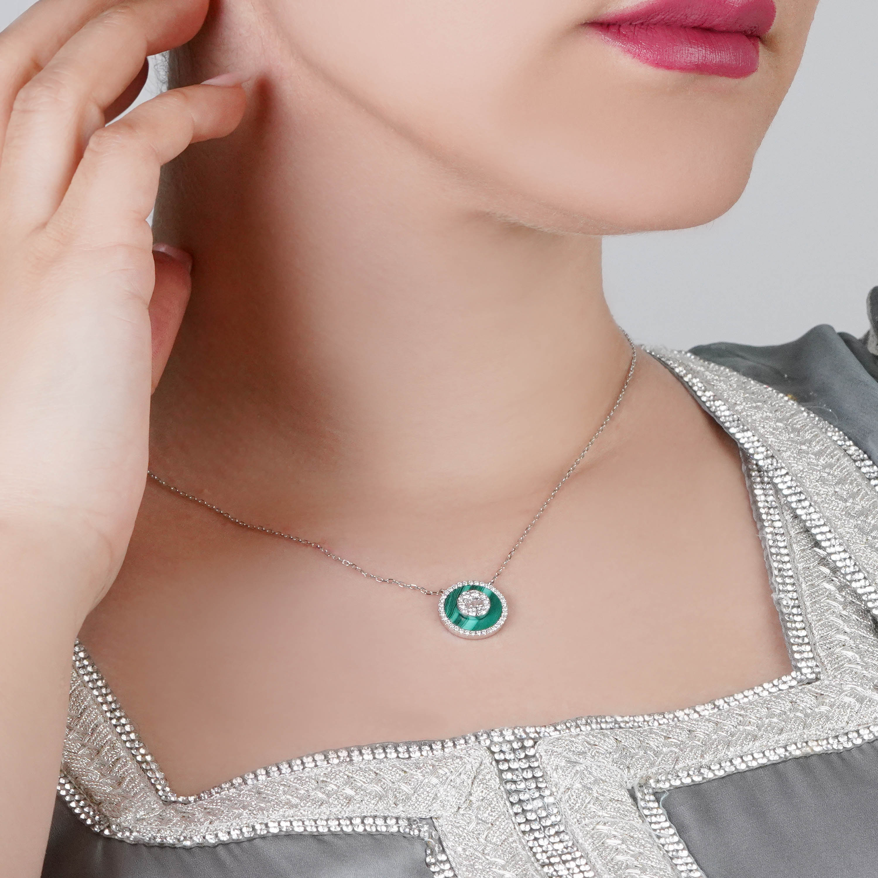 18K White Gold Diamond & Malachite Necklace – Mosaic Collection