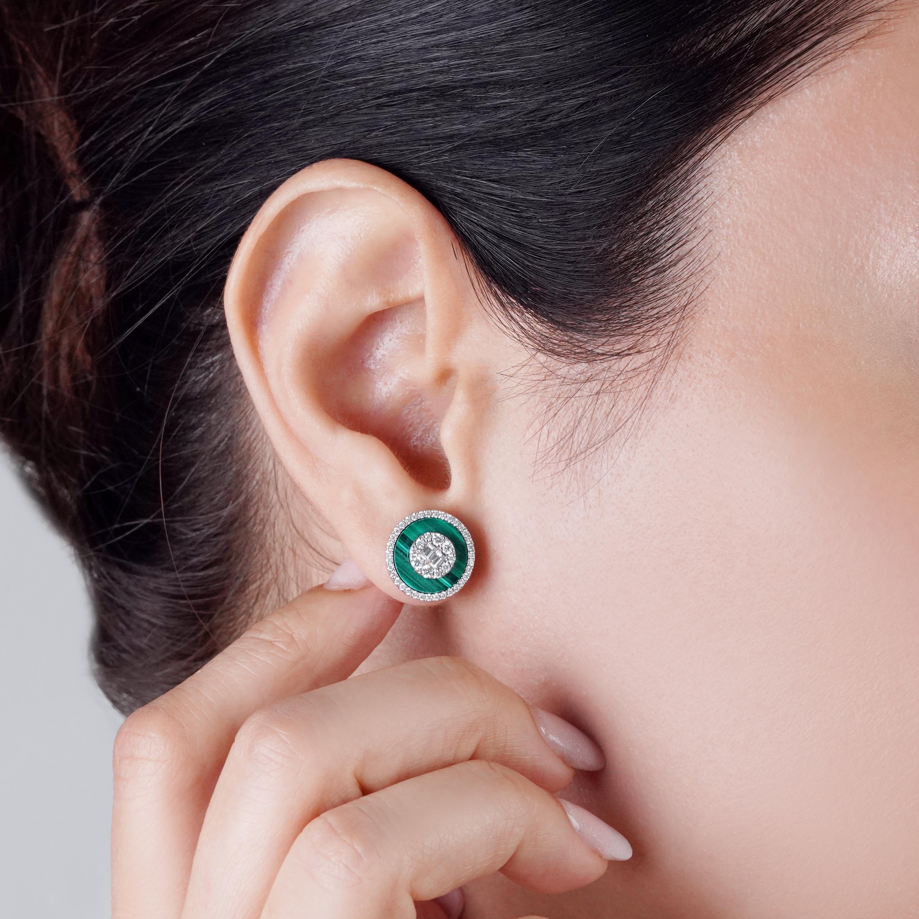 18K White Gold Earrings with Diamonds & Malachite – Mosaic Collection