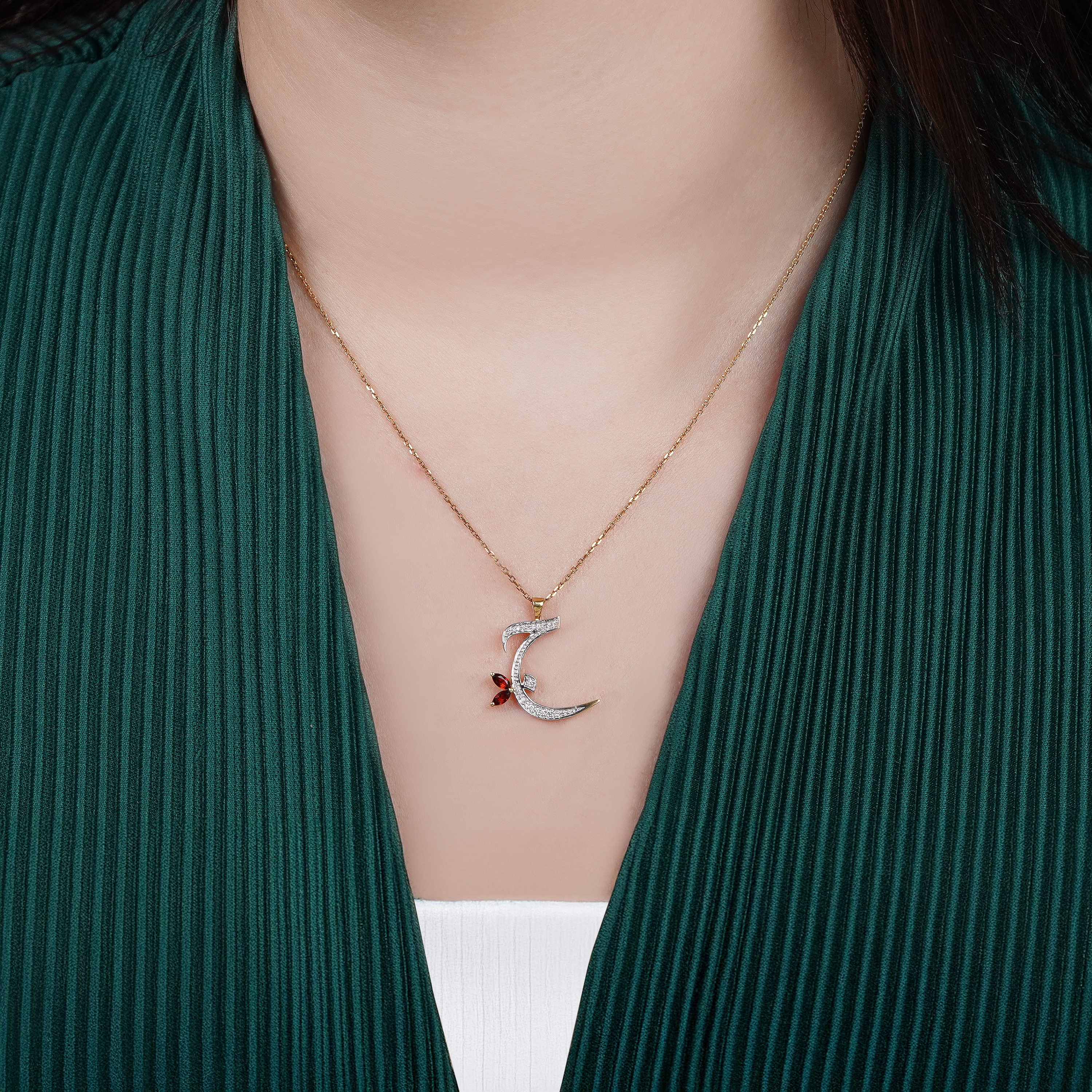 18K Yellow Gold ‘Gem’ Arabic Letter Necklace with Natural Diamonds & Garnet – Horoufi Collection