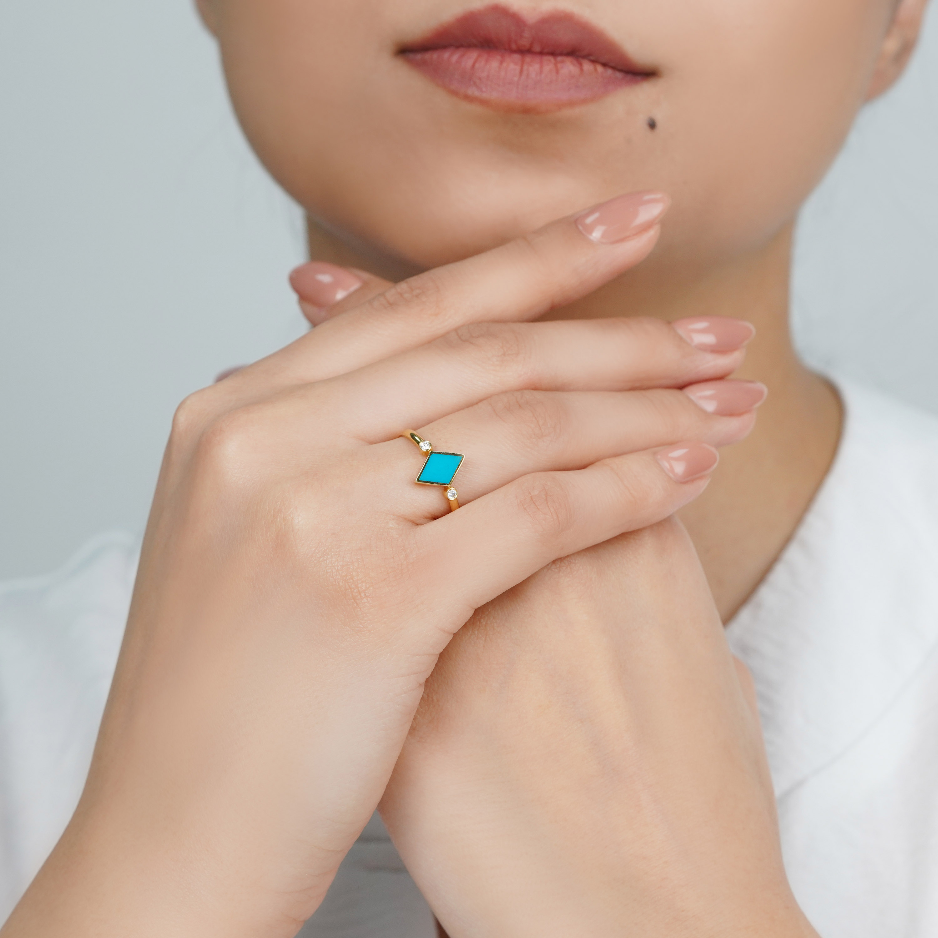 18K Yellow Gold Ring with Turquoise Enamel & Diamonds – Alwan Collection