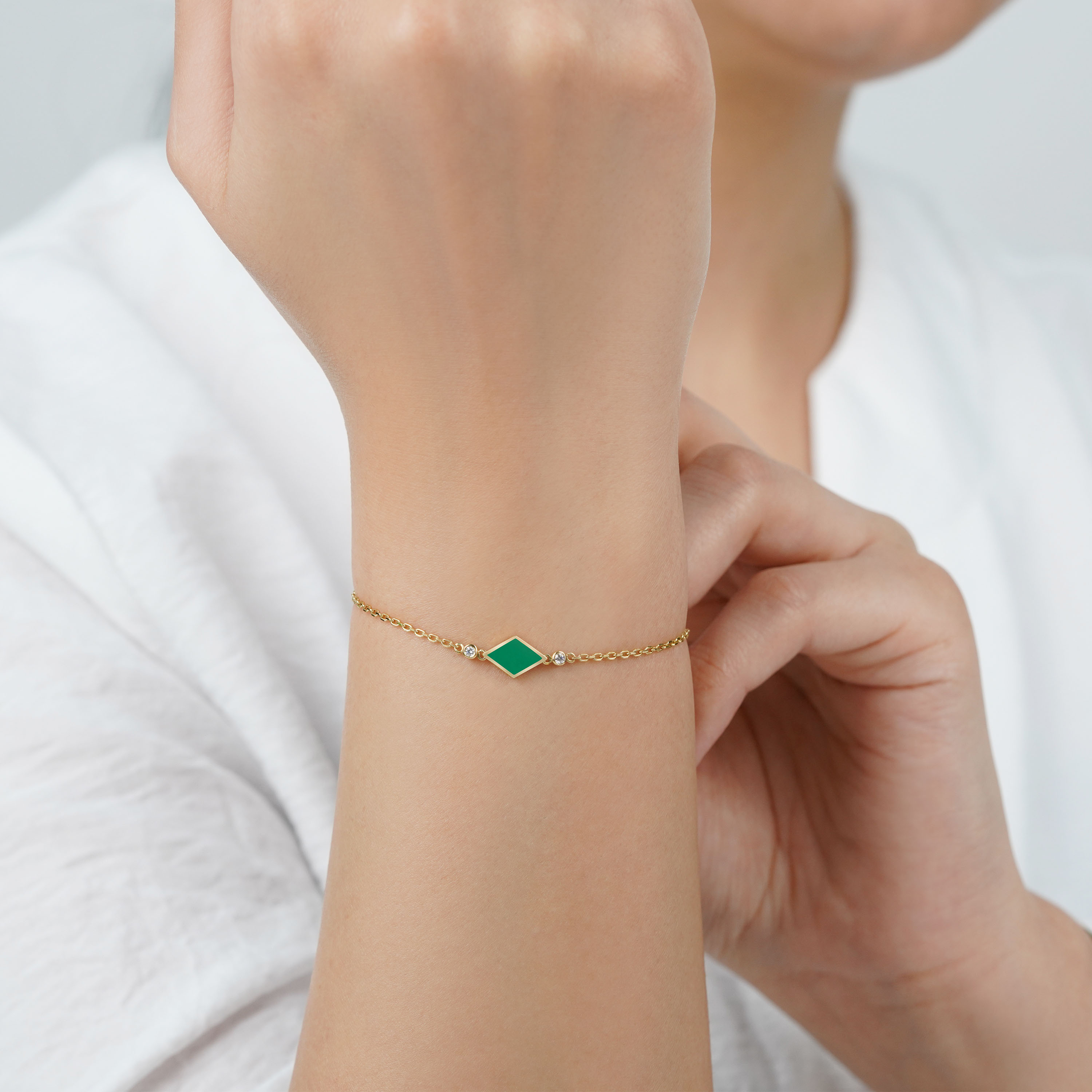 Elegant 18K Yellow Gold Bracelet with Green Enamel & Diamonds - Alwan Collection 