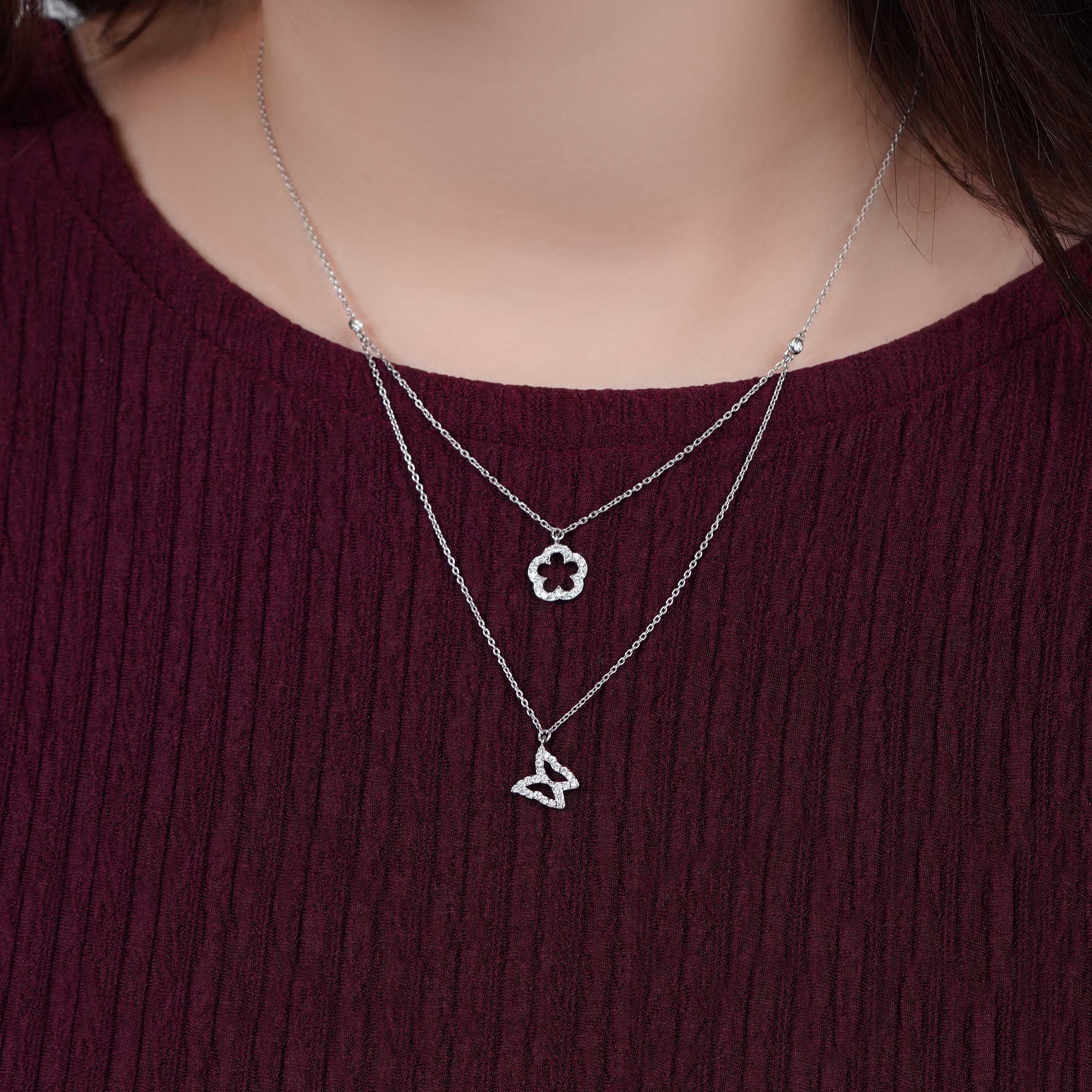 18K White Gold Double-Layered Diamond Necklace – Trendy Collection