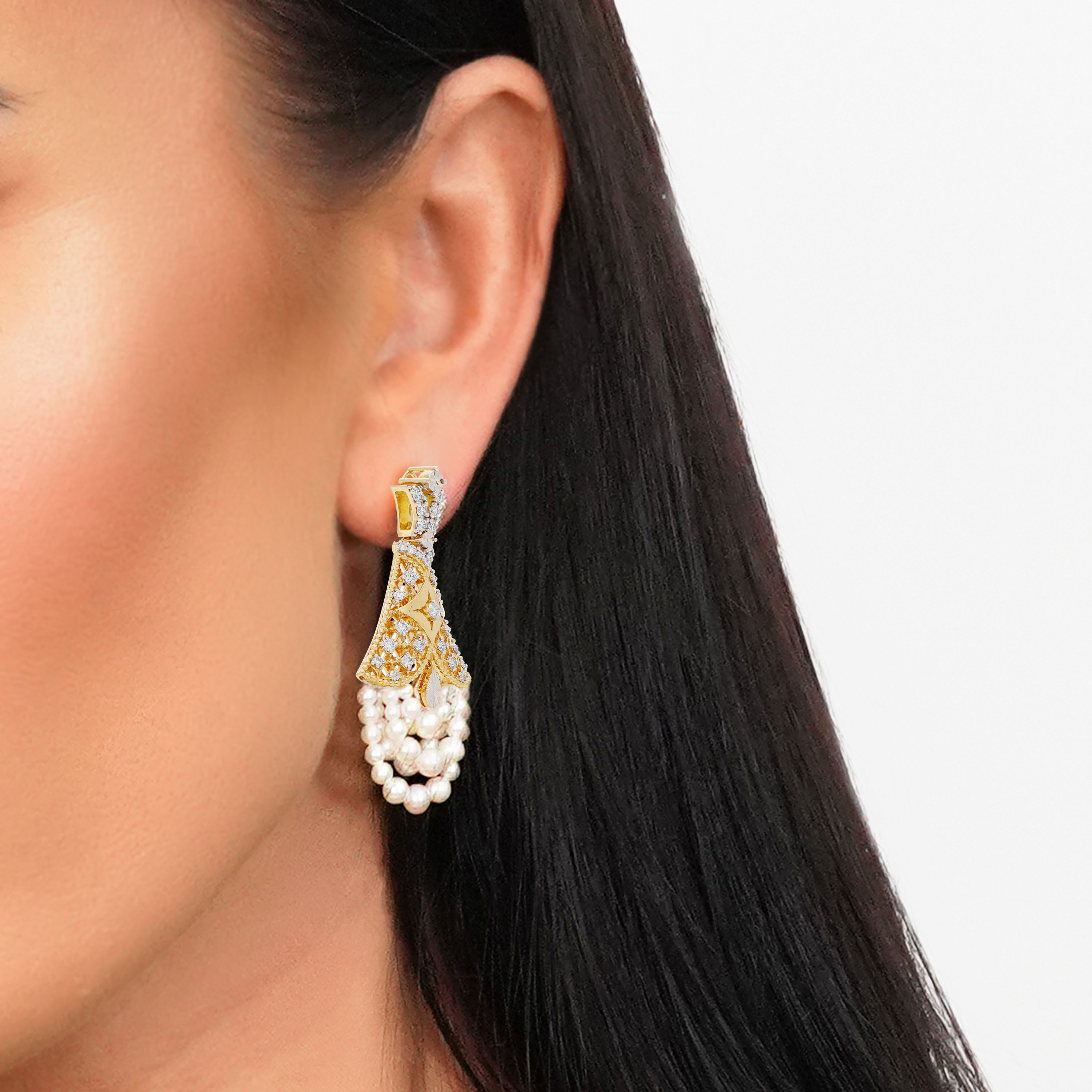 Elegant 18K Yellow Gold Earrings with Diamonds & Pearls - Danah Collection