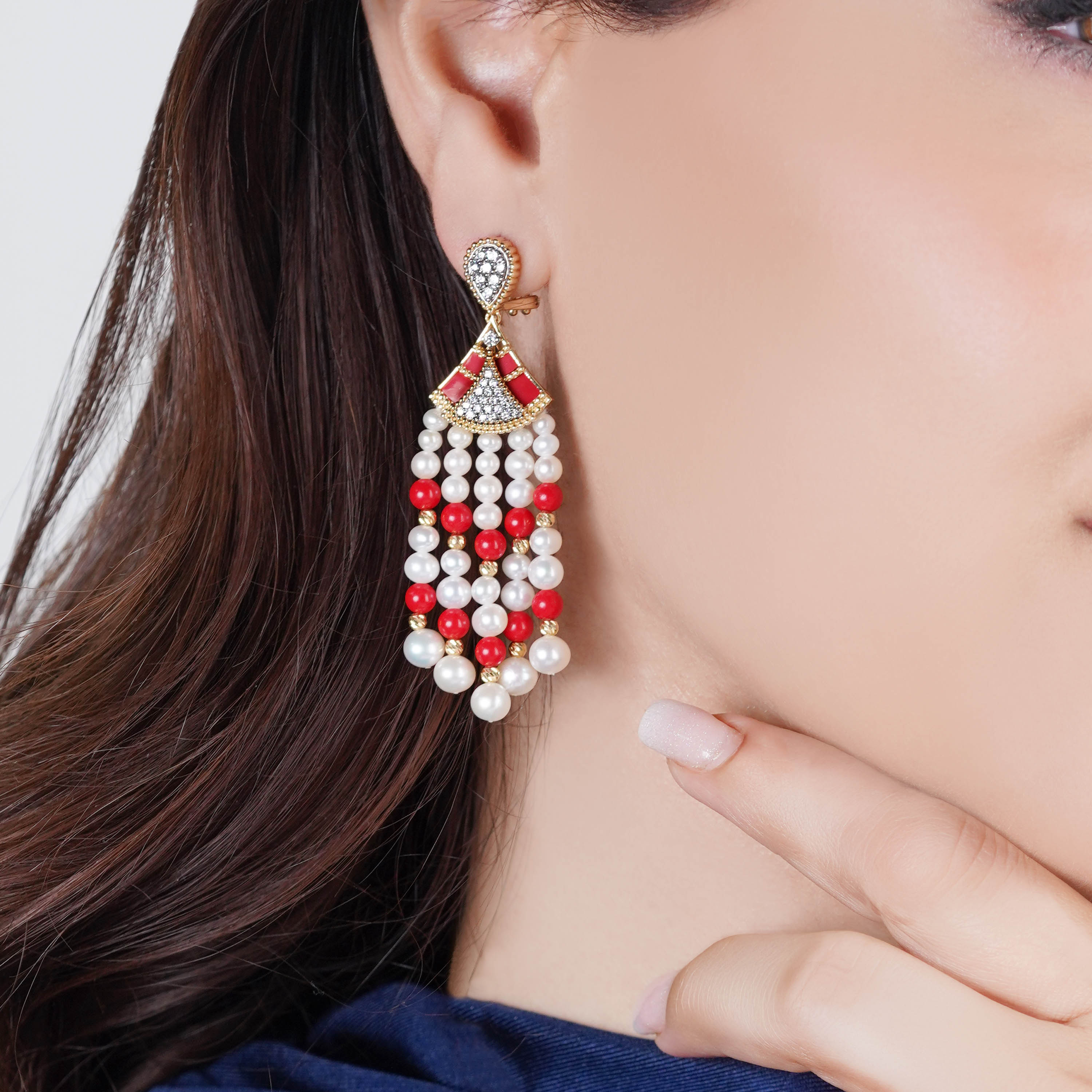 18K Yellow Gold Dangling Earrings with Pearls, Diamonds & Coral - Danah Collection