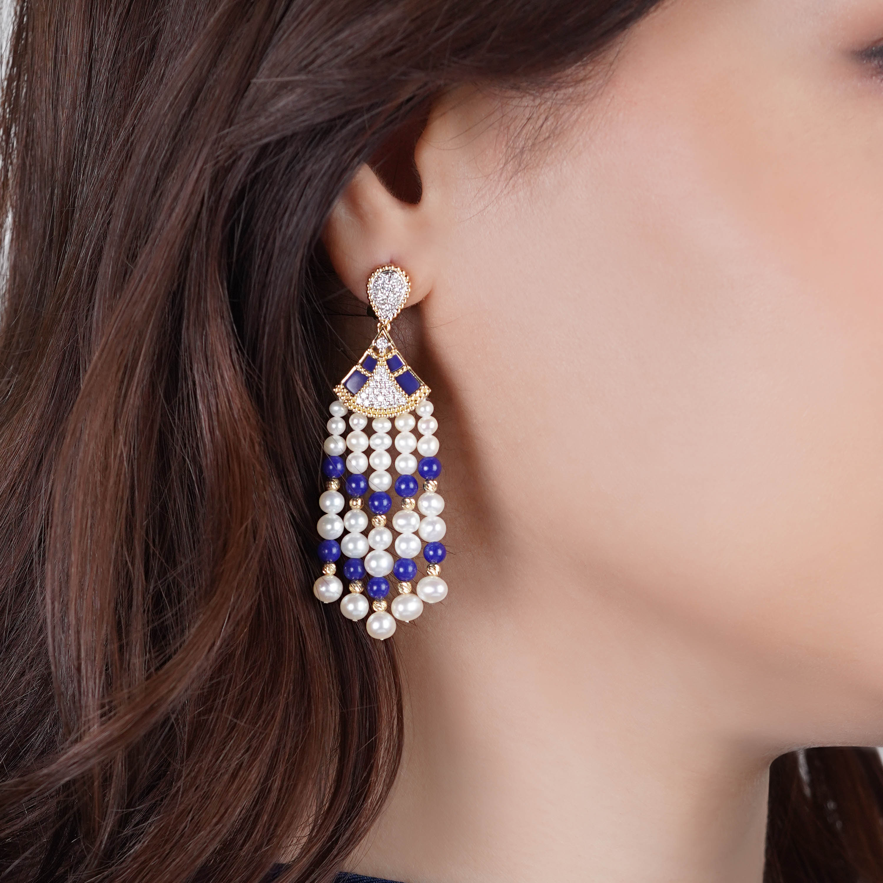 18K Yellow Gold Dangling Earrings with Pearls, Diamonds & Lapis Lazuli – Danah Collection