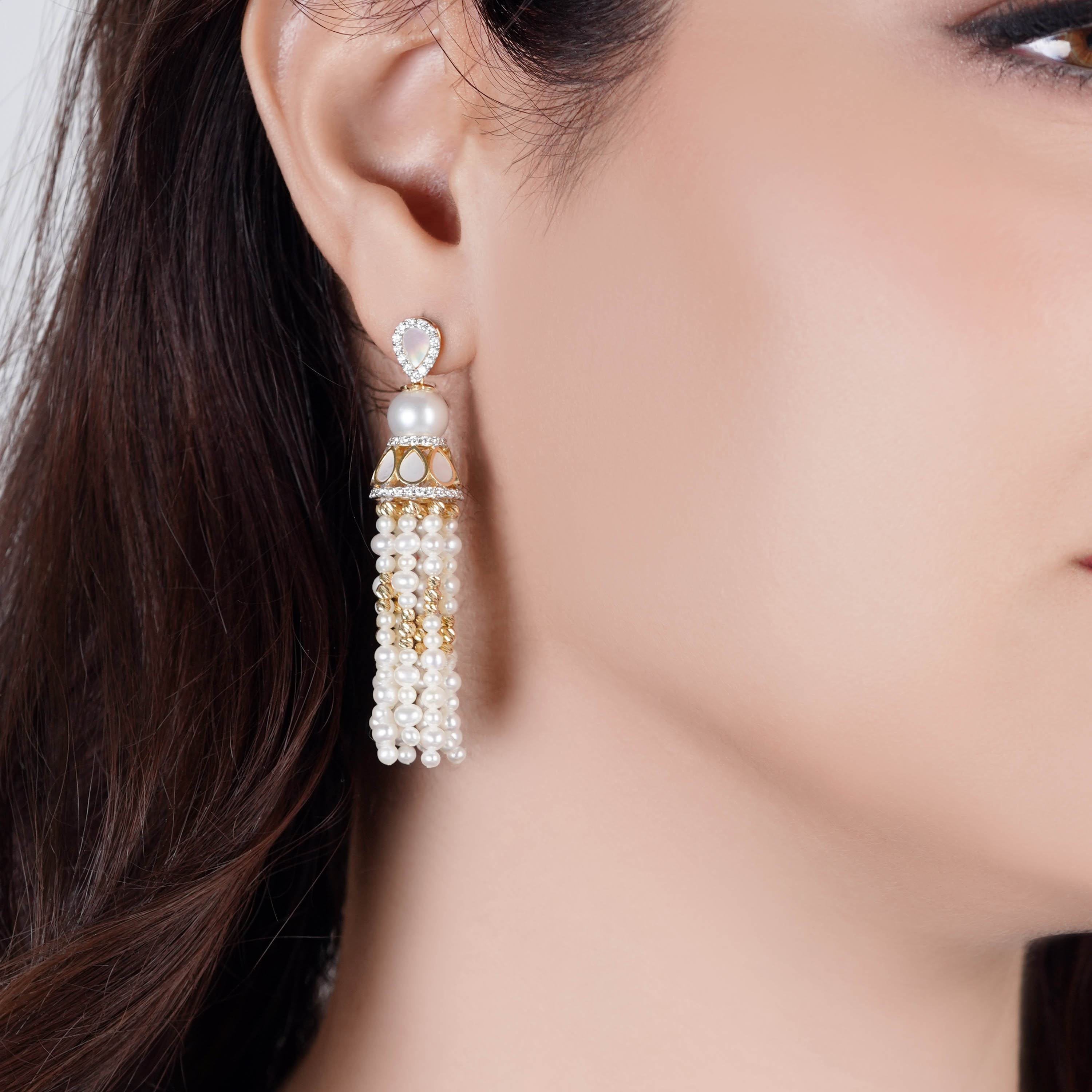 18K Yellow Gold Dangling Earrings with Pearls & Diamonds – Danah Collection