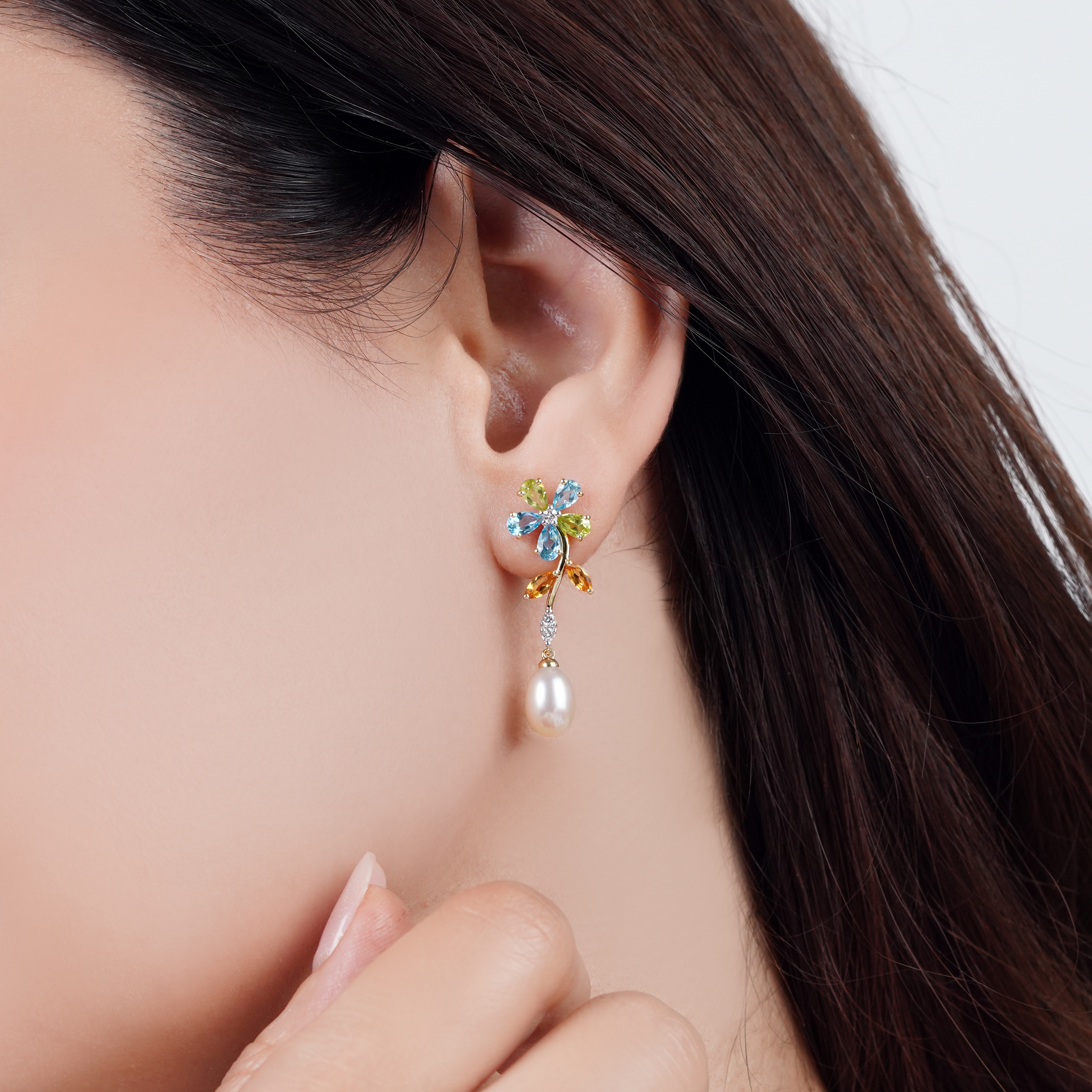 18K Yellow Gold Pearl Earrings with Natural Diamonds & Gemstones – Danah Photopendant Collection
