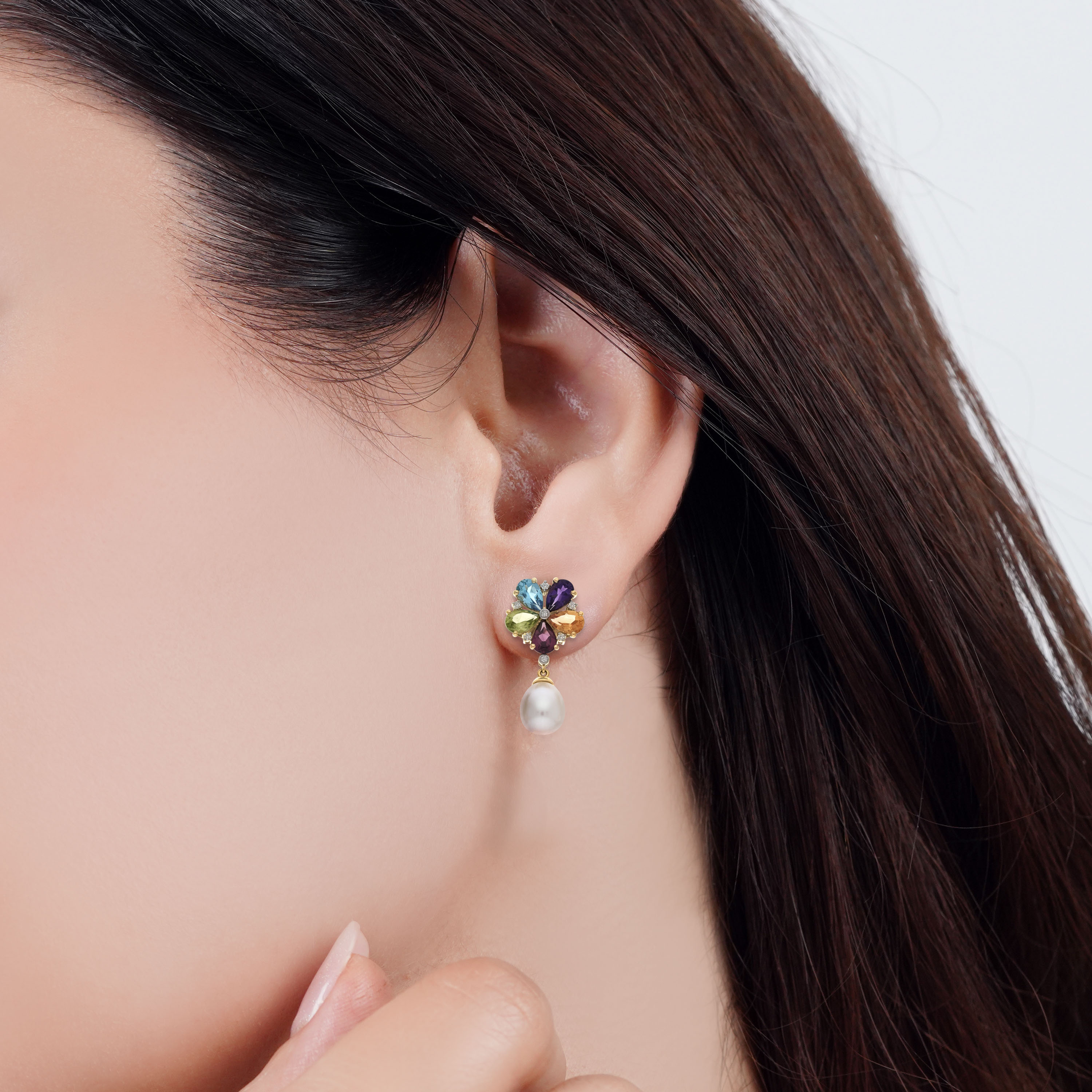 18K Yellow Gold Pearl Earrings with Natural Diamonds & Gemstones – Danah Photopendant Collection