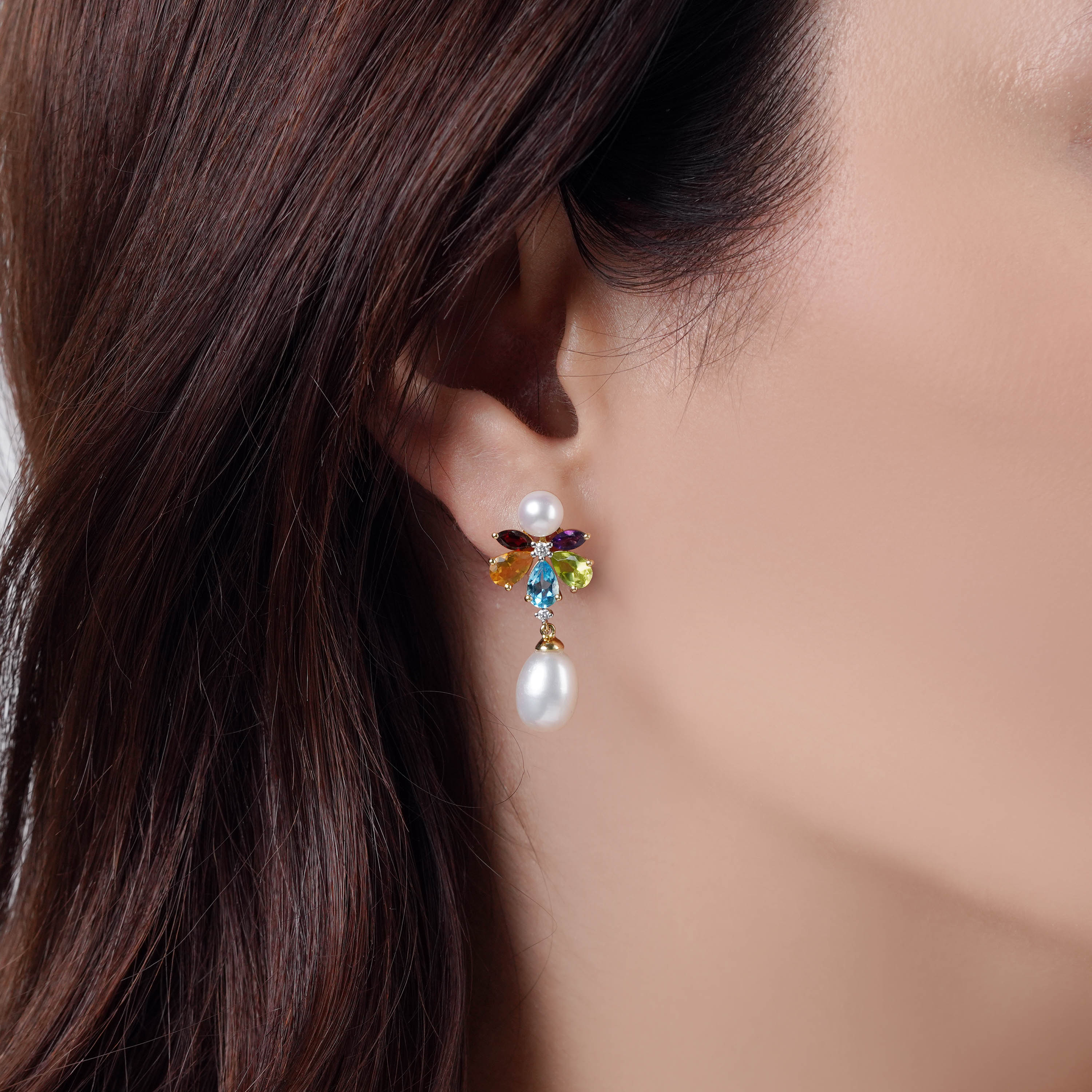 Danah Photopendant Collection – 18K Yellow Gold Earrings Featuring Pearls, Diamonds and Gemstones
