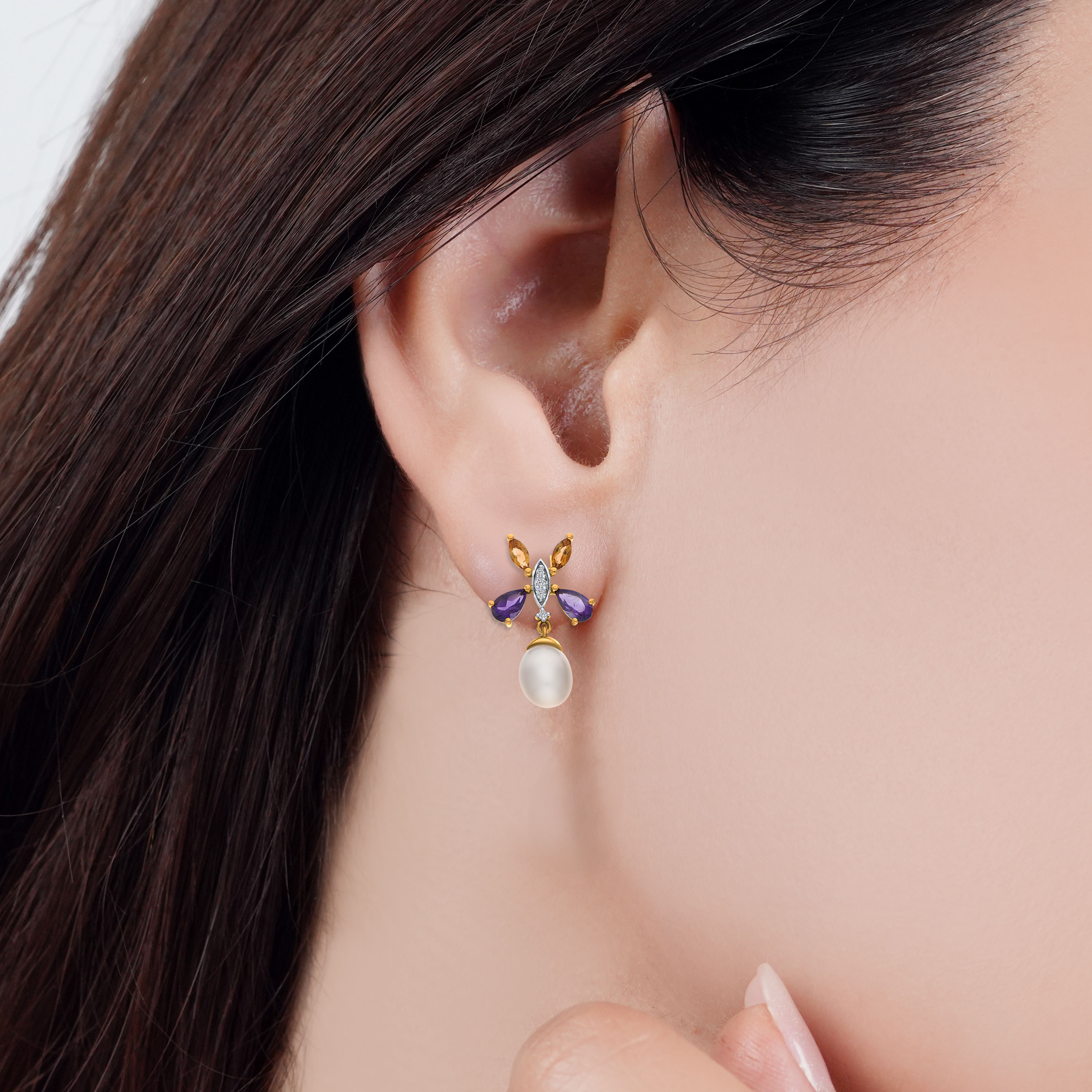 Elegant Pearl, Diamond & Gemstone Earrings in 18K Yellow Gold – Danah Photopendant Collection