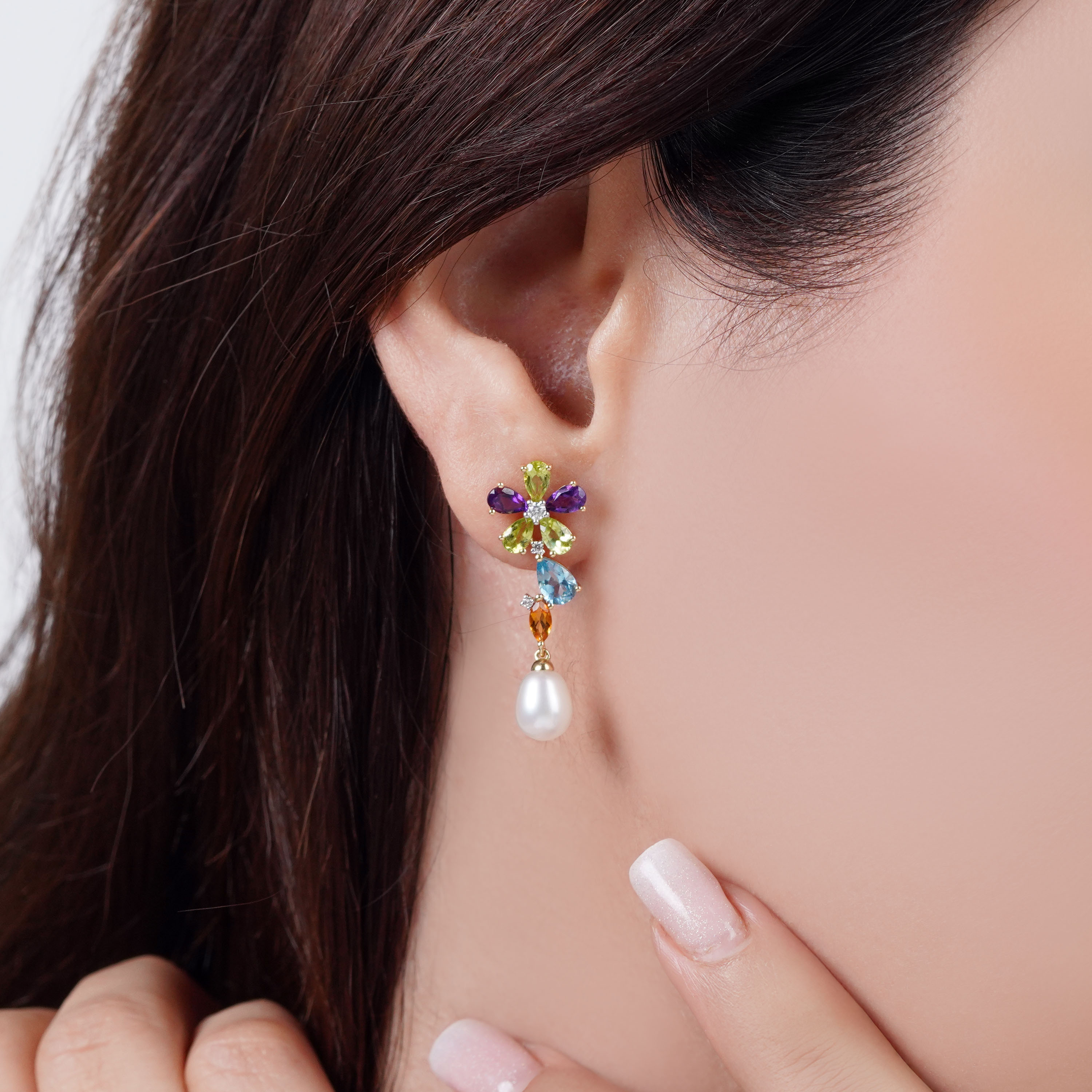 Danah Photopendant 18K Yellow Gold Pearl Earrings Set with Natural Diamonds & Gemstones