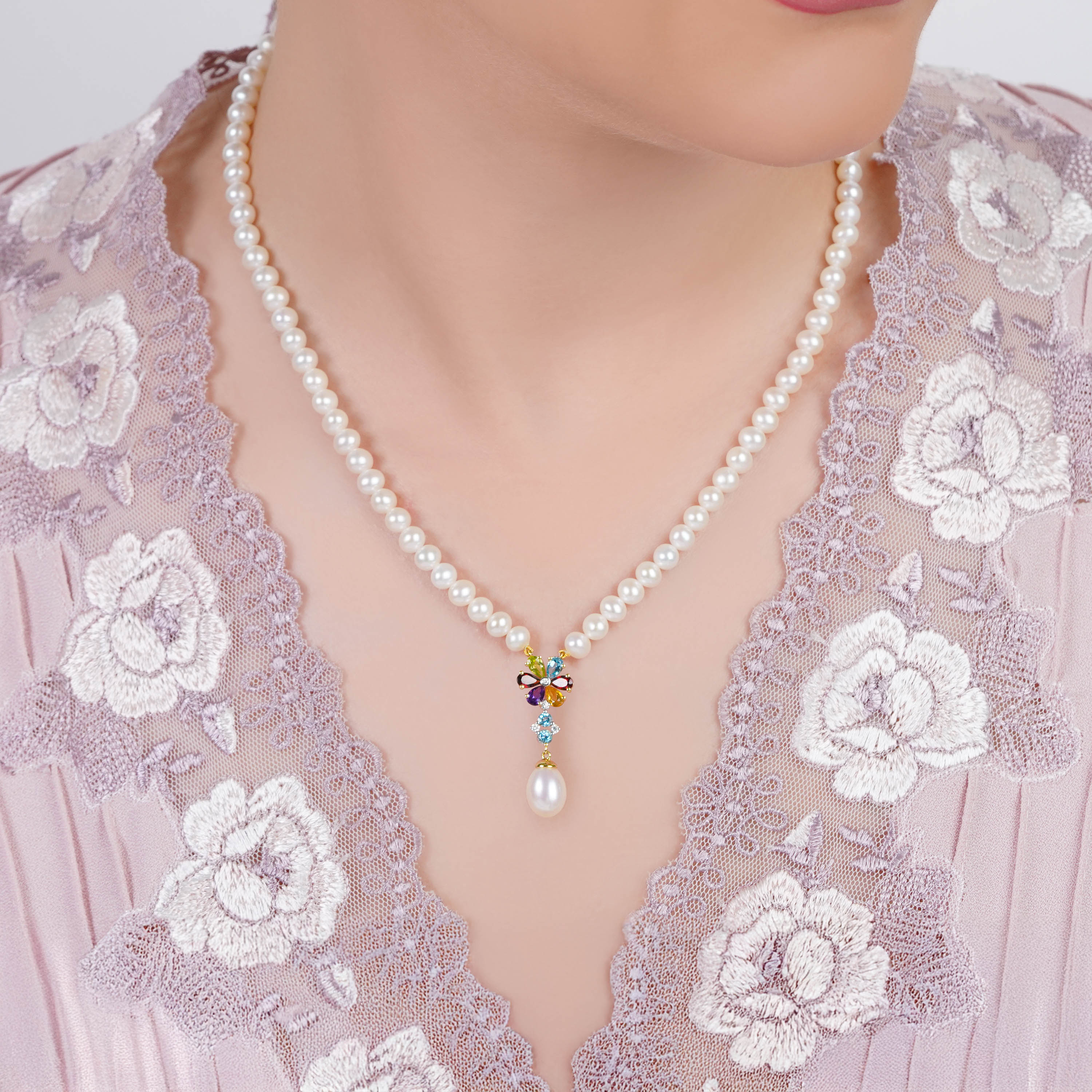 Danah Photopendant Collection – 18K Yellow Gold Pearl Necklace with Natural Diamond & Gemstones