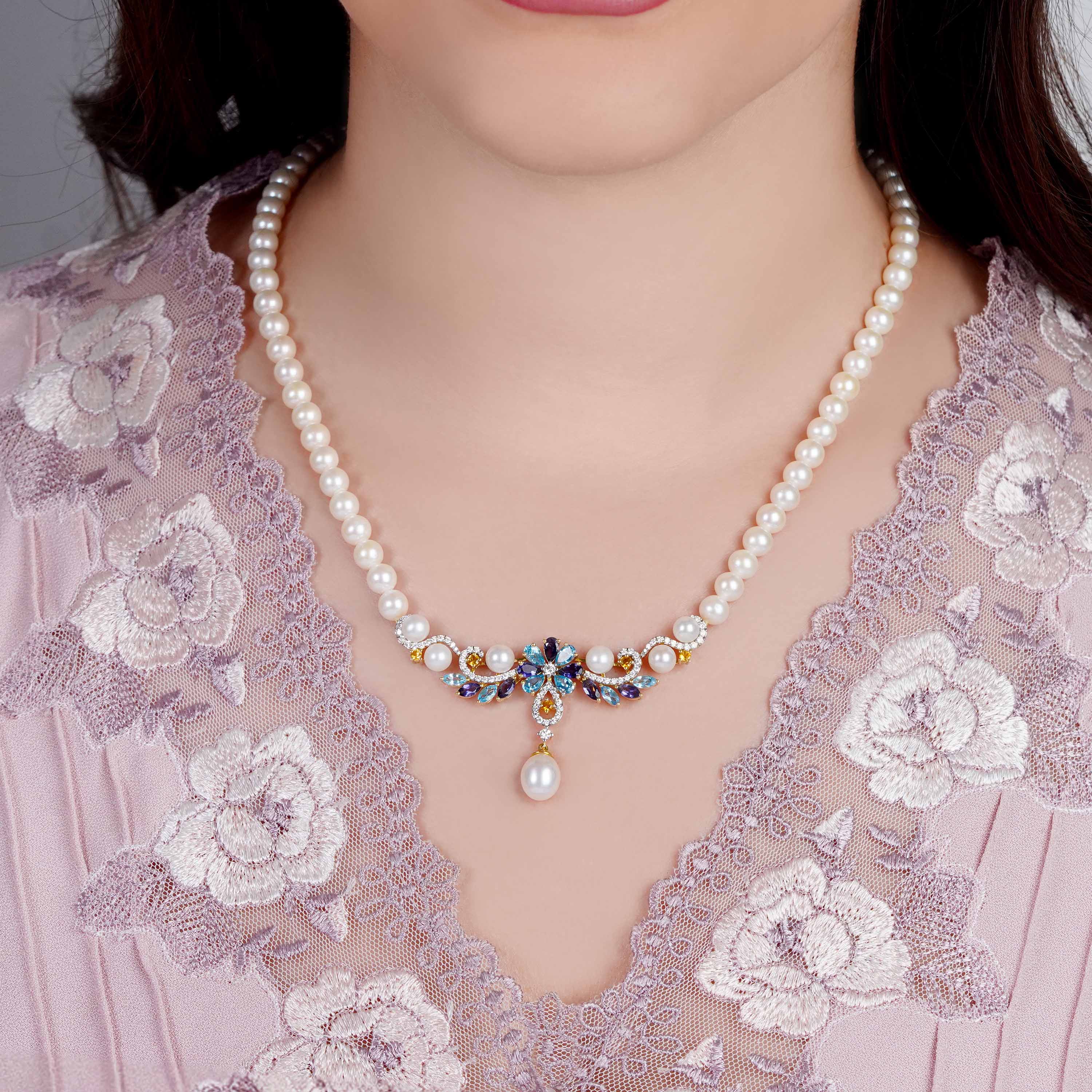 18K Yellow Gold Pearl Necklace with Diamond & Gemstone Floral Pendant - Danah Photopendant Collection