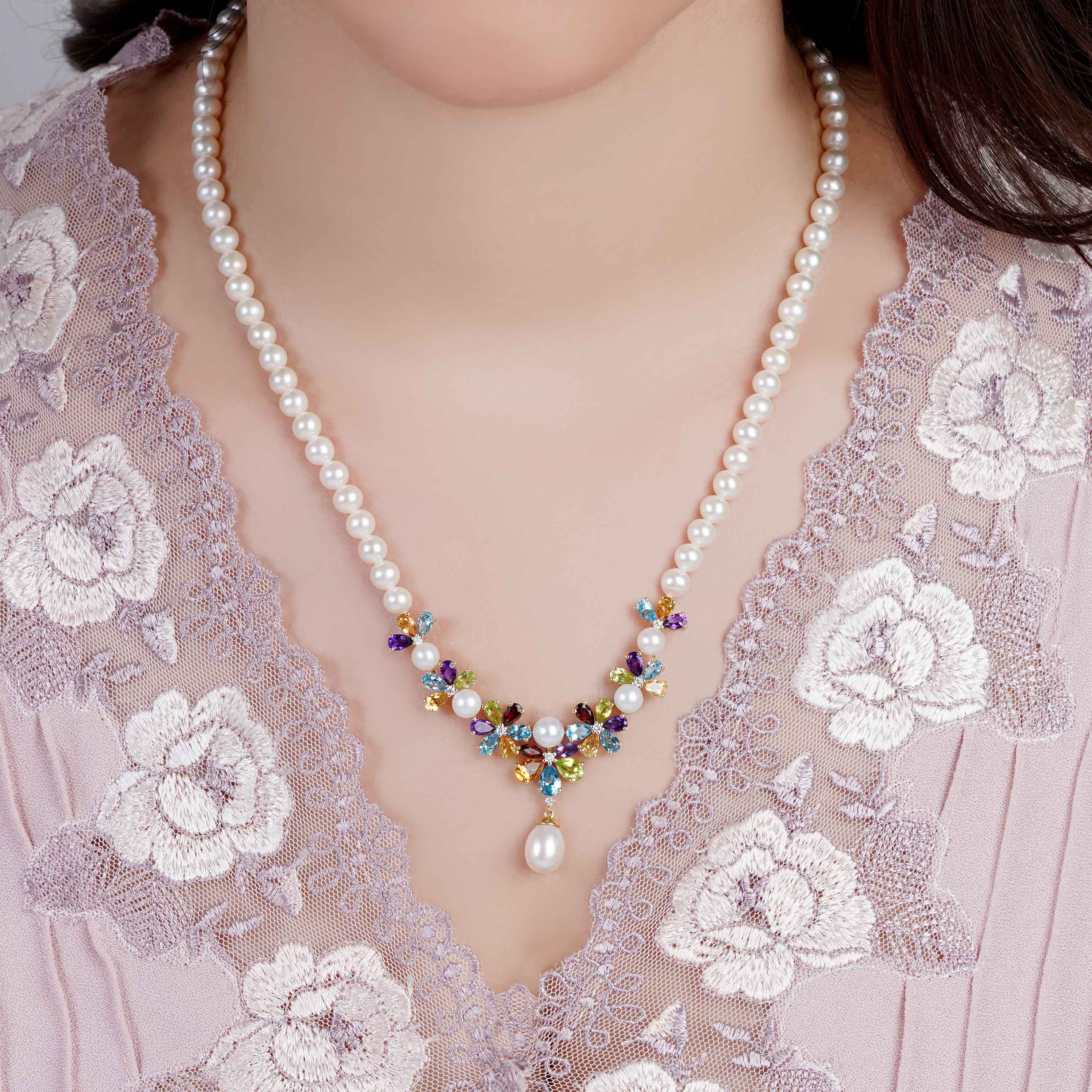Floral Diamond & Gemstone Pendant Pearl Necklace in 18K Yellow Gold – Danah Photopendant Collection