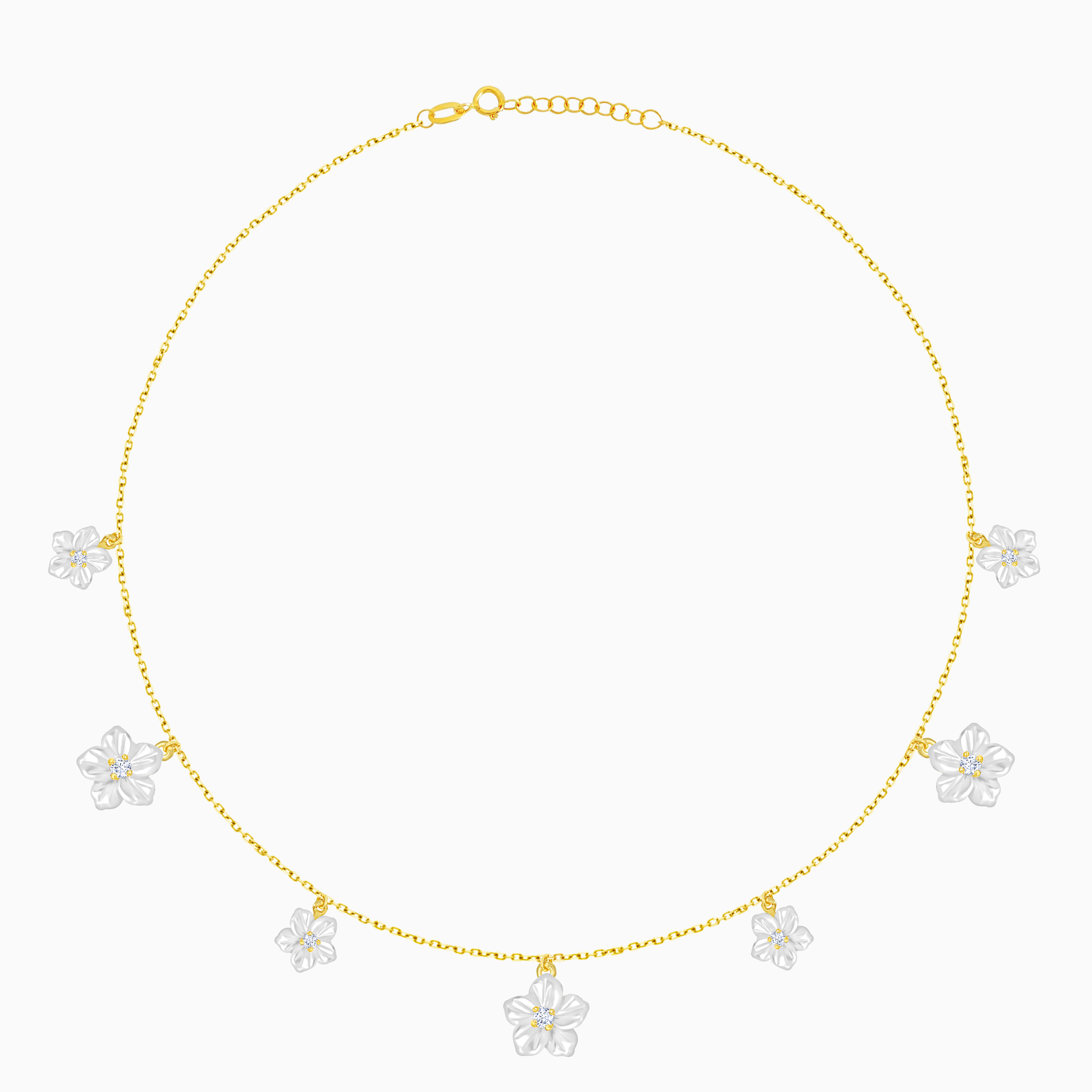 18K Yellow Gold Necklace with Mother of Pearl Flowers and Zircon Stones – Worood Collection