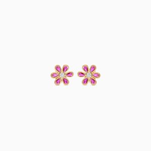18k Yellow Gold Kids Earrings in Flower Design with Artificial Stones | Spanish Collection