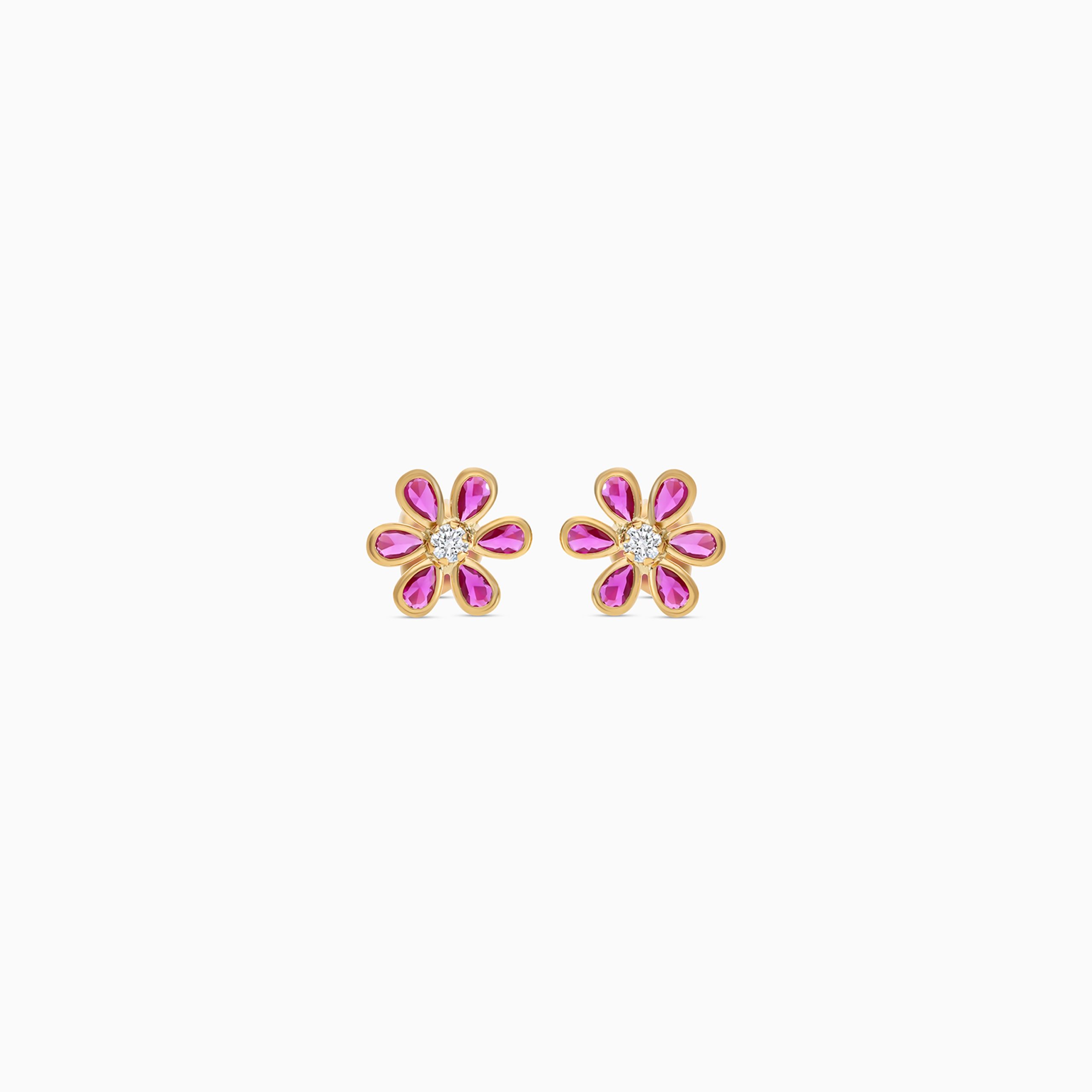 18k Yellow Gold Kids Earrings in Flower Design with Artificial Stones | Spanish Collection