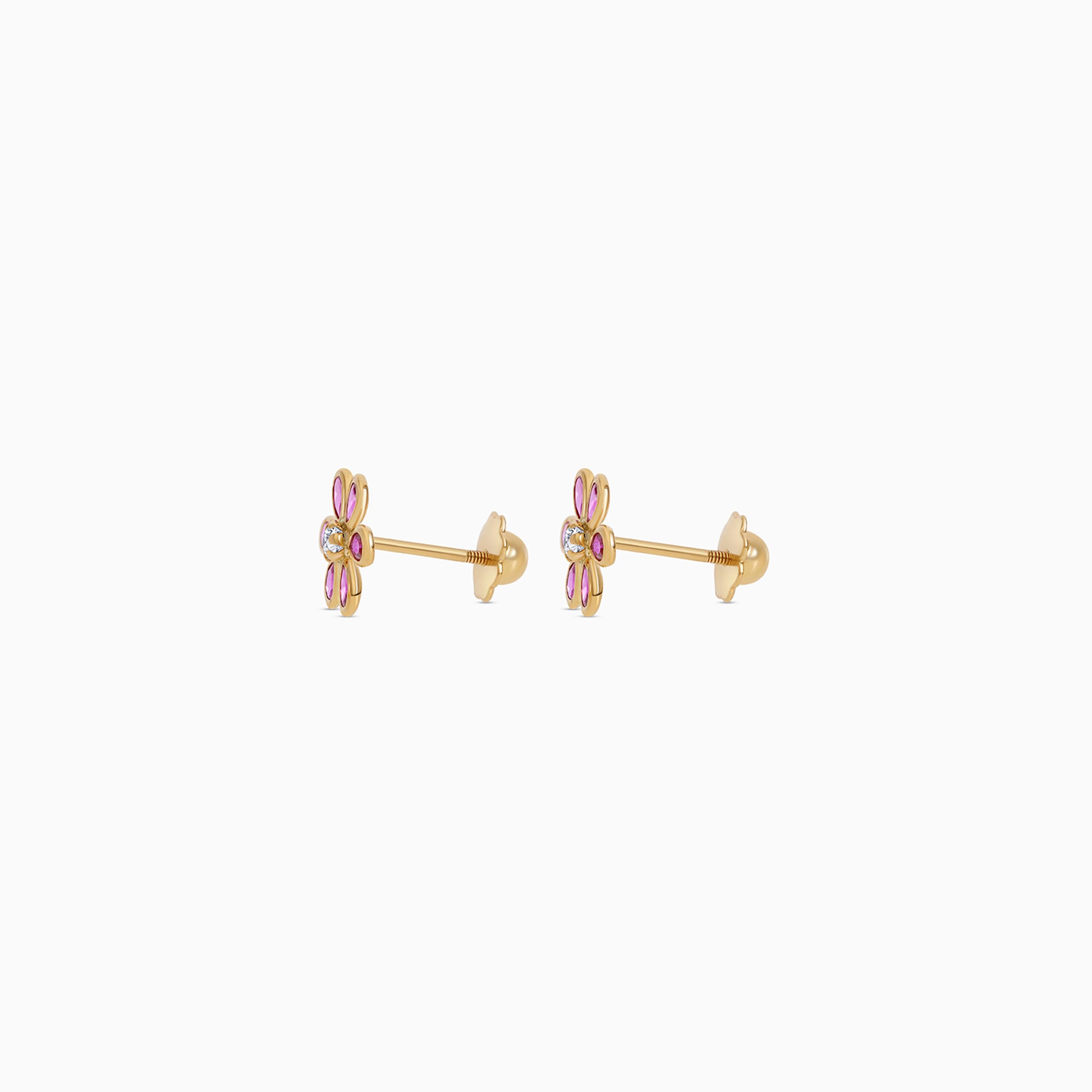 18k Yellow Gold Kids Earrings in Flower Design with Artificial Stones | Spanish Collection - Image 2