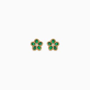 18k Yellow Gold Floral Earrings with Malachite and Zircon Stones | Spanish Kids Collection