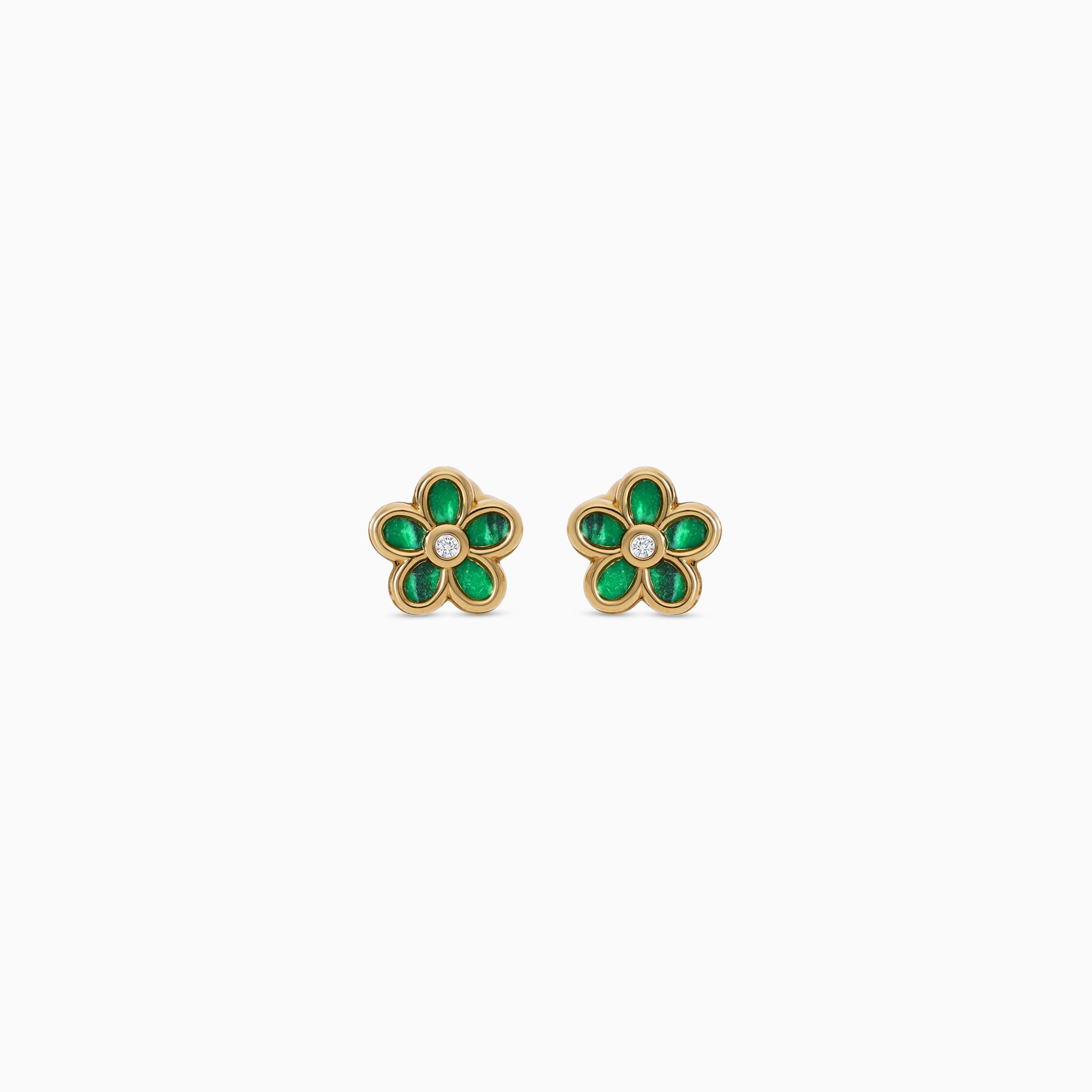 18k Yellow Gold Floral Earrings with Malachite and Zircon Stones | Spanish Kids Collection