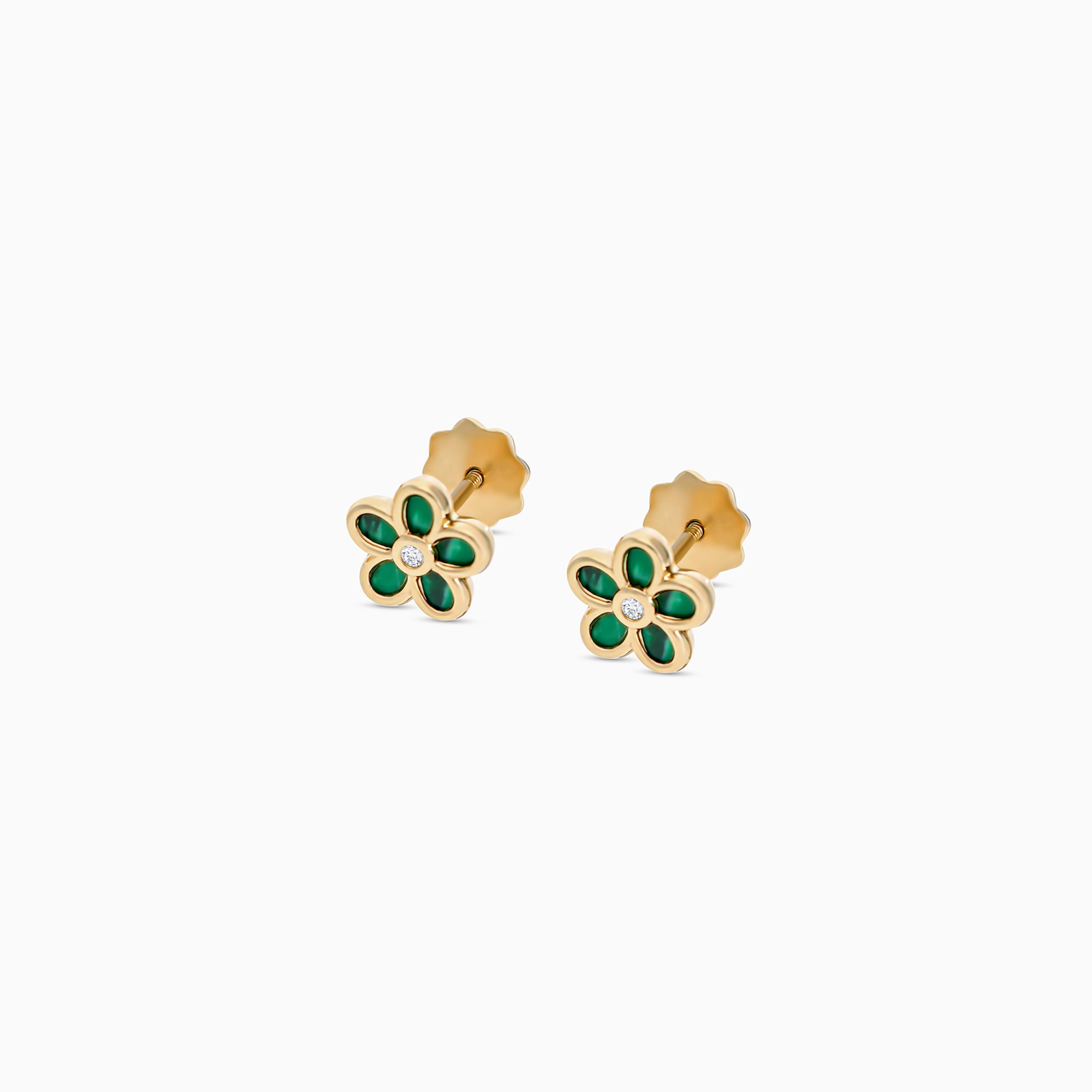 18k Yellow Gold Floral Earrings with Malachite and Zircon Stones | Spanish Kids Collection - Image 2