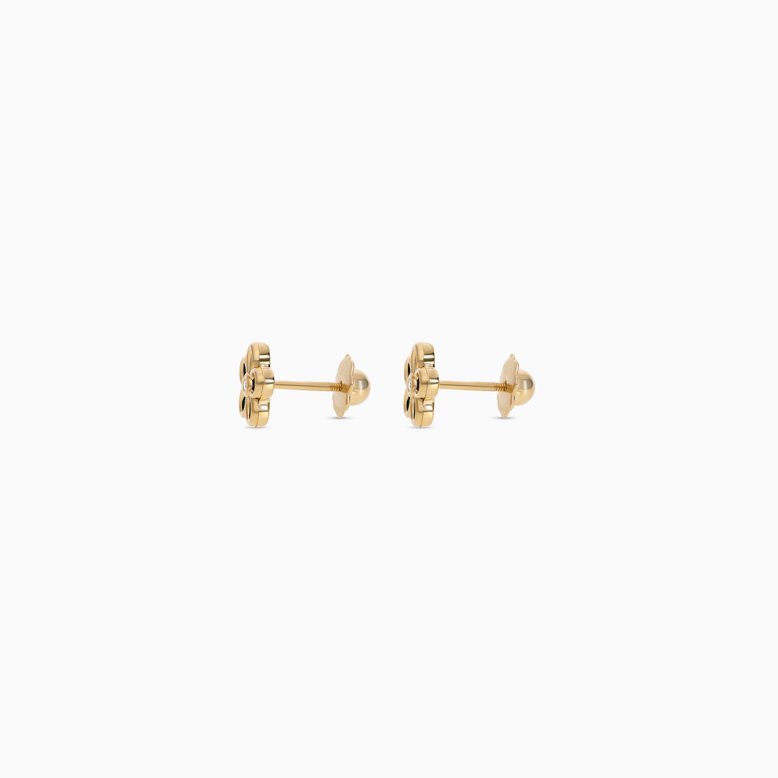 18k Yellow Gold Floral Earrings with Malachite and Zircon Stones | Spanish Kids Collection - Image 3