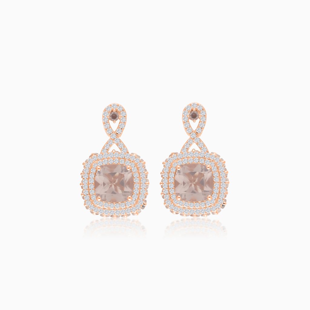 18k Rose Gold Earrings Adorned with Natural Diamonds and Rose Quartz | Vida Collection