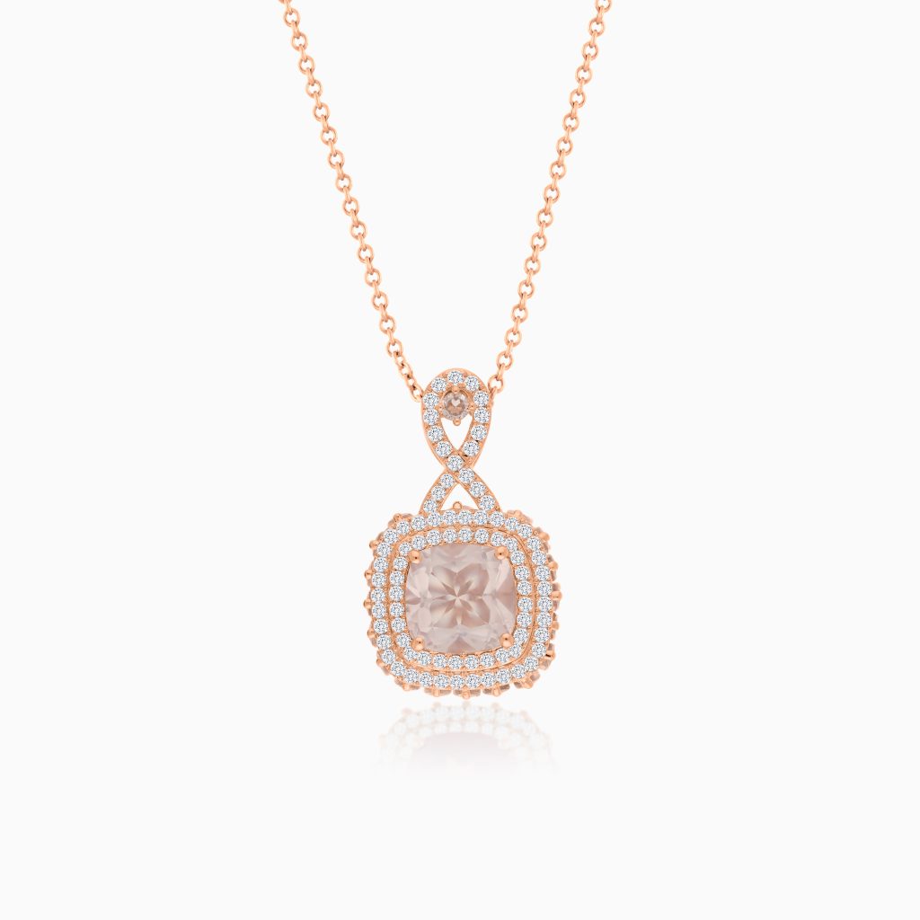 18k Rose Gold Necklace adorned with Natural Diamond and Rose Quartz | Vida Collection