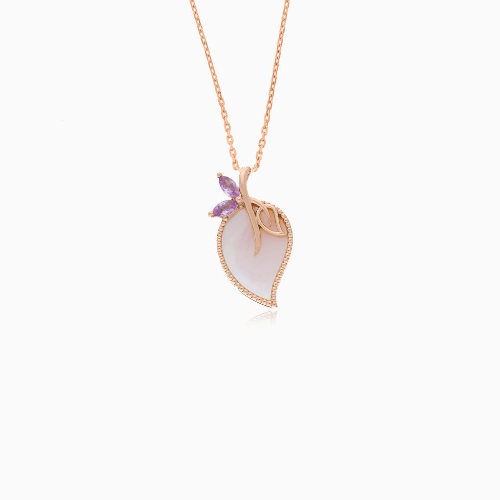 18k Rose Gold Necklace with Mother of Pearl and Pink Stone | Danah Collection