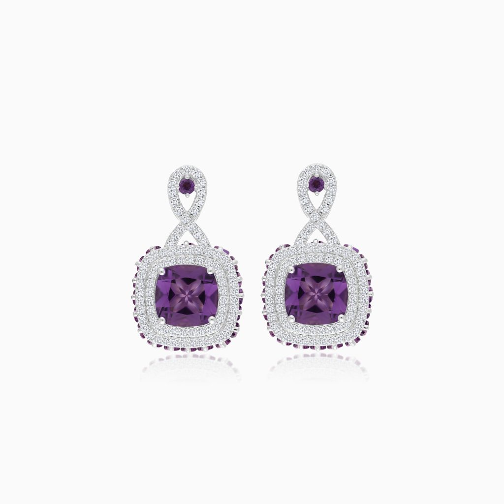 18k White Gold Earrings adorned with Natural Diamond and Amethyst | Vida Collection
