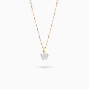 18k Gold Necklace Featuring White Mother of Pearl Flower, Zircon & Pearls | Worood Collection