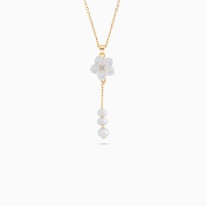 18K Gold Pearl Necklace with Mother of Pearl Flower Design | Worood Collection