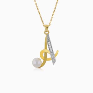 18k Yellow Gold 'A' Letter Necklace With Natural Diamonds & Pearl | Alpha Collection