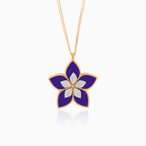 18k Yellow Gold Floral Long Necklace Adorned with Diamonds and Lapis Lazuli | Fortuna Diamond Collection