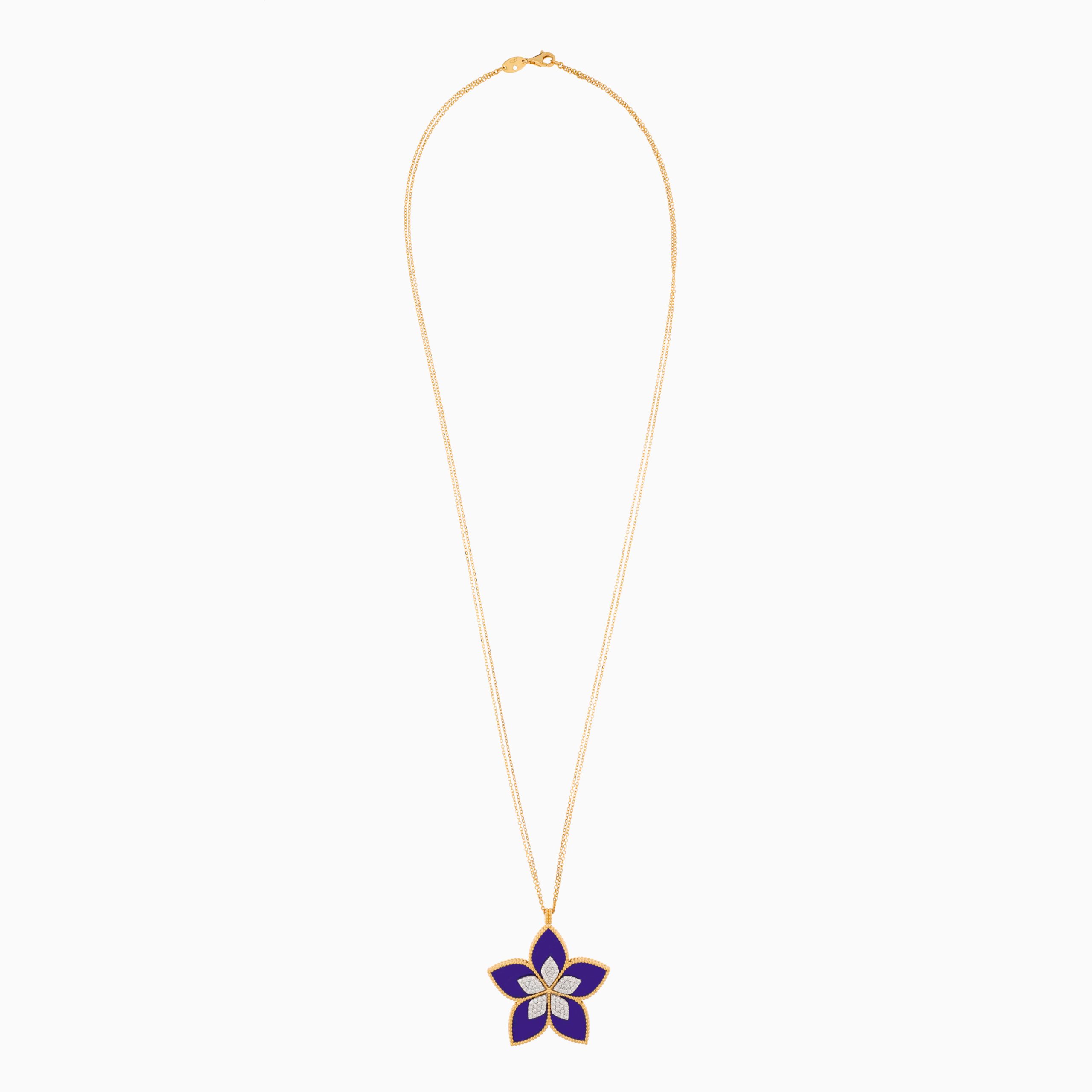 18k Yellow Gold Floral Long Necklace Adorned with Diamonds and Lapis Lazuli | Fortuna Diamond Collection - Image 3