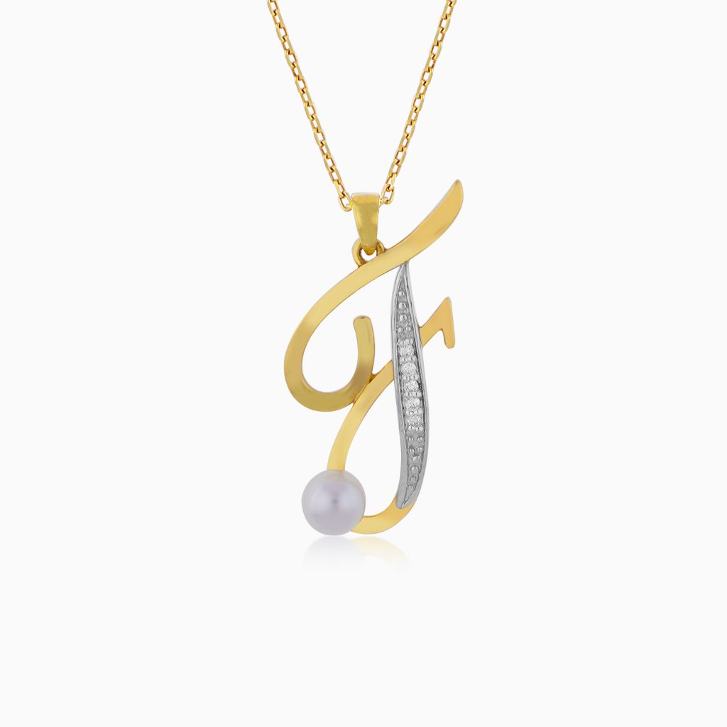 18k Yellow Gold ‘F’ Letter Necklace With Natural Diamonds & Pearl | Alpha Collection
