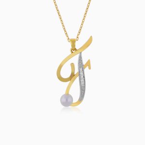 18k Yellow Gold 'F' Letter Necklace With Natural Diamonds & Pearl | Alpha Collection