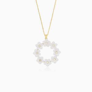 18k Yellow Gold Necklace with Mother of Pearl Flower Motifs and Zircon Stones | Worood Collection