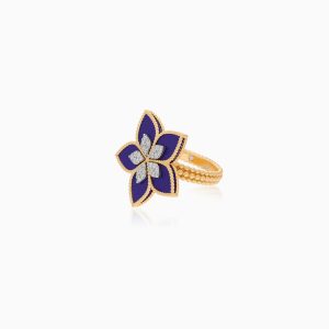 Floral Design Ring in 18K Yellow Gold with Diamonds and Lapis Lazuli | Fortuna Diamond Collection
