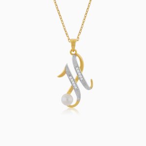 18k Yellow Gold ‘H’ Letter Necklace with Natural Diamonds & Pearl | Alpha Collection