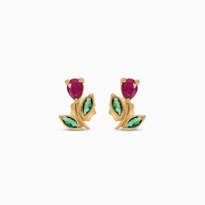 18k Yellow Gold Floral Earrings with Colored Stones | Spanish Kids Collection