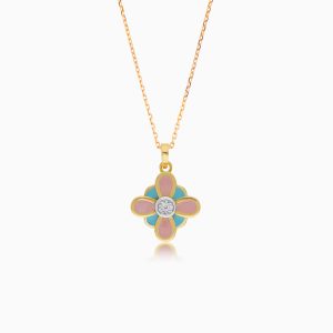 18k Yellow Gold Kids Necklace with Enamel Flower Pendant and Natural Diamond Detail | Dalia Collection