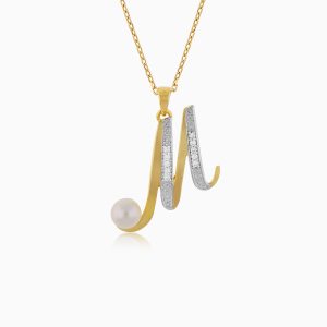 18k Yellow Gold 'M' Letter Necklace With Natural Diamonds & Pearl | Alpha Collection