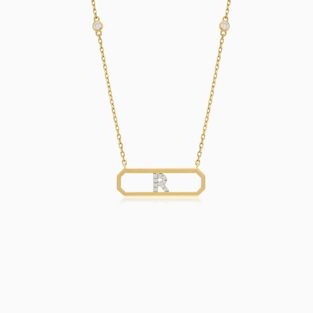 18k Yellow Gold Necklace Letter “R” with Diamonds | Alpha Collection