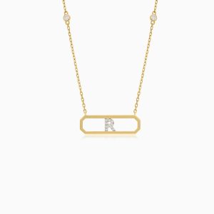 18k Yellow Gold Necklace Letter “R” with Diamonds | Alpha Collection