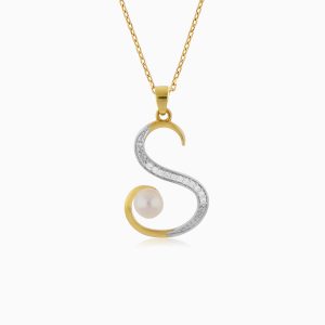 18k Yellow Gold 'S' Letter Necklace With Natural Diamond & Pearl | Alpha Collection