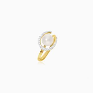 Elegant 18k Yellow Gold Ring with Pearl and Zircon | Danah Collection